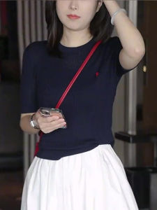 Slim Fit round Neck Short Sleeve T-Shirt Deep Blue Versatile Summer Top Korean Style Commute Straight Tube Shirt Single Piece