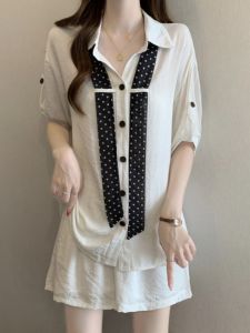 Plus Size Fashionable Dot Pattern Shirt and Shorts Set