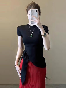 Áo Thun Cổ Cao Tay Ngắn Ôm Vừa Vặn Mùa Hè Mới Pure Desire Half High Collar Tied Split Uneven Top Áo Thun Nữ