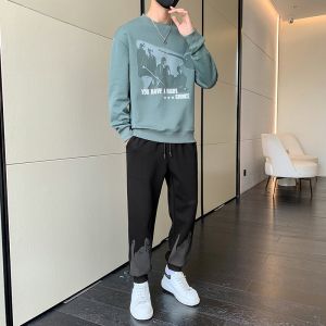ROMON | Romon Mens Casual Sports Set Round Neck Sweatshirt Fitness Running Two-Piece Suit Autumn New Style Trendy Brand Polyester Fiber