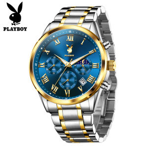 PLAYBOY Watch Men Waterproof Original Stainless Steel Strap Casual Fashion Business Chronograph Luminous calendar Mens Watches