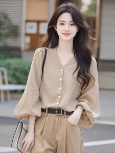 Korean Style Loose Fit Khaki Shirt Womens Autumn 2024 New Fashion Slimming Top V-Neck Long Sleeve Casual Elegant Shirt