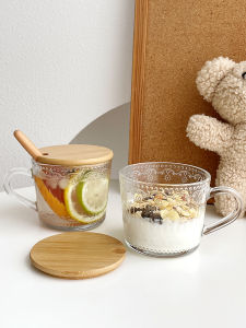 Modern Minimalist Glass Cup with Lid Spoon Milk Handle Vintage Relief Breakfast Cup Home Use High Aesthetic Value Coffee Cup