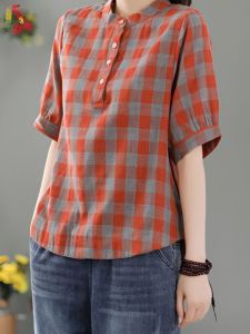 Áo Sơ Mi Kẻ Caro Cotton Lanh Dáng Rộng Cổ Tròn Tay Bảy Mùa Hè 2024 Cho Mẹ Cỡ Lớn Thoải Mái Thường Ngày