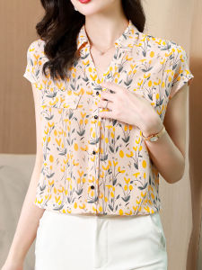 NVSHENJI | Silk Printed Short Sleeve Womens Shirt Fashionable V-neck Korean Style Commute Wind Summer New Arrival Hangzhou Mulberry Silk