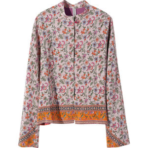 Miccbeirn | Silk Short Shirt Womens Stand Collar Outerwear Spring Vintage Floral Pattern Contrast Color Small Top Ethnic Style Double Gauze