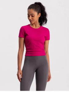 Womens Sporty Slimming Yoga Top Quick Dry Breathable Short Sleeve Fitness Training Running Outfit Nylon Spandex Blend