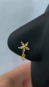 1Pc Gold L-Shaped Flower Rhinestone Nose Stud Crystal Inlaid Dangle Pendant Nostril Piercing Jewelry for Women