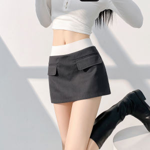 Sweet Cool Spicy Girl Color Block Double Waist Fake Two-Piece Mini Skirt Spring Autumn Anti-Light A-Line Wrap Body Short Skirt Pants