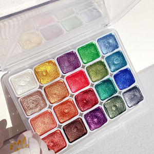 ชุดจิตรกรรมสีน้ําโลหะ 20 สี กล่องแบบพกพาพร้อมไข่มุกเงาภาพวาดสีน้ําแข็งและอุปกรณ์ศิลปะ สีน้ํา