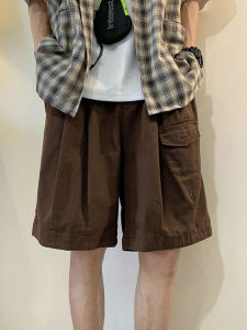 กางเกงขาสั้นทำงานสไตล์อเมริกันย้อนยุคสีน้ำตาลสำหรับผู้ชาย กางเกงขายาวทรงหลวมสบาย ๆ สำหรับฤดูร้อน กางเกงขายาวทรงห้าส่วน