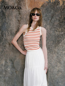 MoCo Knitted Sweater Spring Autumn Folded Waist Short Classic Red Stripe Vest Slim Fit Womens Fashion Street Style Top