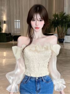GUZILIAN | French Lace Shirt Women Pure Desire One Shoulder Small Top Autumn New High Sense Beautiful Long Sleeve Blouse Commute Style Knitted