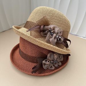 Hat for Womens New Summer Round Top Curled Edge Top Hat Sun Protection BreathabeMiddle-aged and Elderly Mothers Sun Hat Party