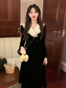 ชุดเดรสยาวคอตั้งสไตล์ฮีปซ์เวอร์นิชผ้ากำมะหยี่ฤดูใบไม้ร่วงใหม่สำหรับผู้หญิงเอวเข้ารูปกระโปรงสั้นสีดำ