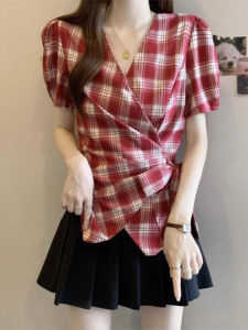 Shalldoer | Fashionable Butterfly Knot Tie V-neck Short Sleeve Shirt Womens New 2025 Summer High Design Plaid Top Casual Style Slim Fit