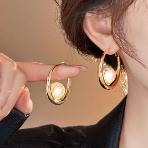 Elegant Gold Large Circle Pearl Earrings Womens Fashion Jewelry Face Slimming Trendy Fresh out Alloy Plated Silver