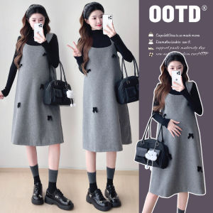 Autumn and Winter New Arrival Korean Style Sweet Bows Mid Length Long Length Pregnant Women Dress + Base Sweater Maternity Suit