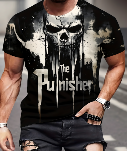 The 2025 summer new mens T-shirt features a 3D printed skull pattern soft comfortable casual and fashionable polyester