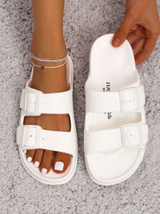 New Luofu Fashionable Summer Womens Slippers Outdoor Casual Beach Slippers Double Buckle Sandals Thick-Soled Round-Toe High-Heeled Comfortable Eva Slippers Indoor and Outdoor Non-Slip High-Heeled Shoes