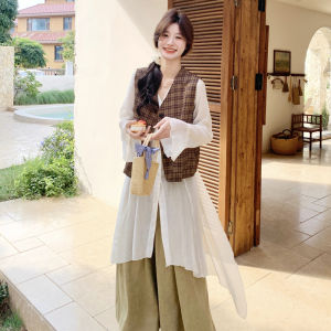 White Shirt Checkered Vest Wide Leg Three Piece Set Womens Fashion Spring New Style Slimming Effect Vintage Design