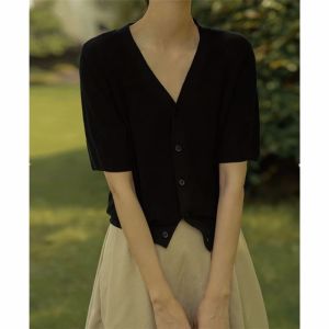 French Style Casual V-neck Short Ice Silk Short Sleeve Cardigan Womens Summer Thin Loose Slimming T-shirt Knitwear Tops