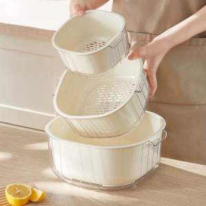 Set 3 Món Rổ Rửa Rau Củ Quả Thiết Kế Hai Lớp Dày Dặn Kèm Chậu Chất Liệu Nhựa Cao Cấp