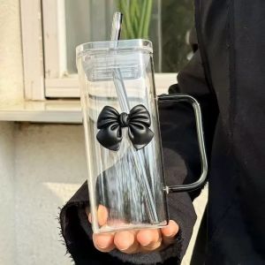 Ly Thủy Tinh Sang Trọng 400ml Có Trang Trí Hình Bướm Kèm Ống Hút Và Quai Cầm - Ly Nước Tái Sử Dụng An Toàn Với Tủ Đông Dùng Được Cho Cà Phê Nước Ép Sữa