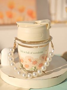 Portable Pearl Coffee Cup Water Double Drinking Glass With Pearl Chain Belt Students Handy Bottle