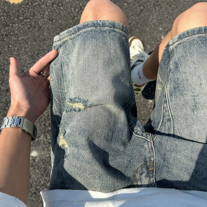 Quần Short Denim Xanh Rách Mùa Hè 2024 Quần Short Nam Phong Cách Đường Phố Mỹ Quần Short Nam Dáng Rộng Dài Năm Inch