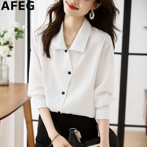 AFEG solid color Korean version lapel fashion loose temperament satin long sleeve blouse