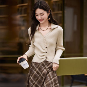 XIANGYING | Womens Long Sleeve V-Neck Slim Fit Waist-Cinching Korean Style Knit Top