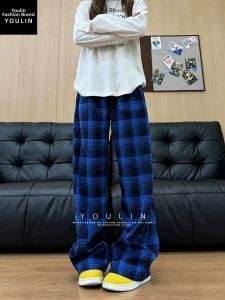 YOULIN | Blue Checked American Retro Pinstriped Pants