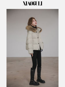 Warmth Puffer Jacket Womens Short Style Winter Coat with Big Fur Collar Korean Version Long Sleeve Single Button Closure