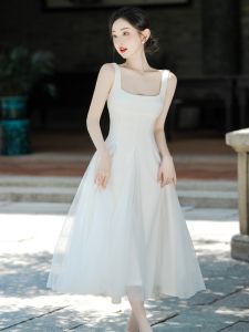 Elegant White Princess Dress Skirt Womens Strapless Gown Summer Soft Polyester Fiber A-Line Midi Dress Wedding Dress