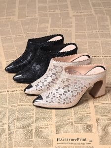 Fashionable High Heel Sandals Womens Summer New Style Diamond Hollow out Mesh Leather Wrap Toe Semi Slippers Breathable Slip-On