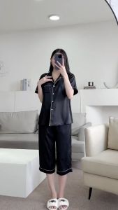 Đồ bộ bigsize nữ mặc nhà Pijama Lửng lụa latin trơn Đen cao cấp (55-95kg) - Hàng thiết kế Mĩm Store