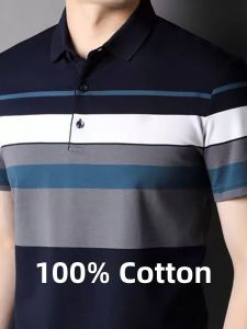 Mens Polo Shirt Summer Pure Cotton Short Sleeve T-Shirt Casual Striped Fashionable Versatile Half Sleeve Turn-down Collar Top