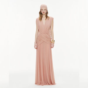 French Luxe Style Deep V Neck Wrinkle Sleeveless Dress