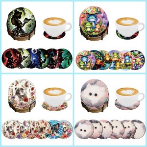 6-Piece set of round Coasters animal theme Patterns wooden Materials room Decoration family table Decoration holiday party