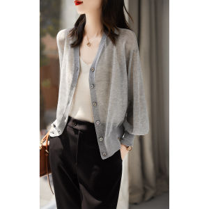 Outlet Original Single Spring Summer Breathable V-neck Knitted Cardigan Thin Sun Protection Air Conditioned Womens Sweater