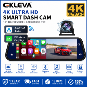 EKLEVA 4K UHD 2160P Carplay Android Auto Dash Cam Stream RearView Mirror Navi WIFI Car DVR Video Camera Recorder FM Transmitter