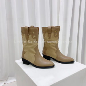 Slimming Effect Western Style CowGirl Boots Pointed Toe Color Block Mid-Calf Martin Boots for Women Korean Version PU Material