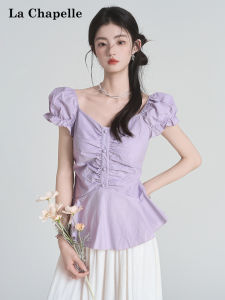 La Chapelle | Flattering Purple Summer Short Sleeve Shirt with Large Collar and Puff Sleeves Wrinkle Waist