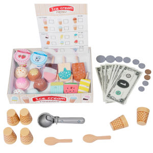 Wooden Ice Cream Toys for Toddler Play Store Pretend Food Kitchen Accessories with Scoop & Menu & Toy CashChristmas Gift