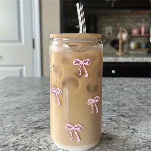 1pc Pink/Blue Bow Cute 500ml Glass Cups with Lids and Straw Tumbler Glass Cup for Iced Milk Coffee Smoothie Cocktail Juice Cup