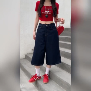 S-6XL Celana Pendek Denim Jeans Wanita Retro Longgar Biru Pinggang Tinggi Celana Crop