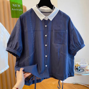 Áo Sơ Mi Nữ Tay Ngắn Dáng Rộng Mỏng Mùa Hè Thiết Kế Mới Cổ Búp Bê Màu Tương Phản Chất Liệu Polyester Trang Phục Công Sở