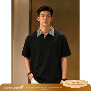 OUMULONG | Linen Gingham Patchwork Breathable Cotton Linen Relaxed Fit Crew Neck Mens Polo Shirt