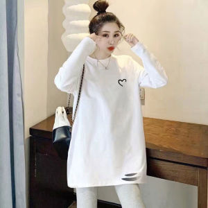 European Goods White T-Shirt Women's Long Sleeve 2024 Spring & Fall New Arrival Bandage Dress Pure Cotton Inner Wear Hip-Covering Mid Length Long Length Bottoming Shirt